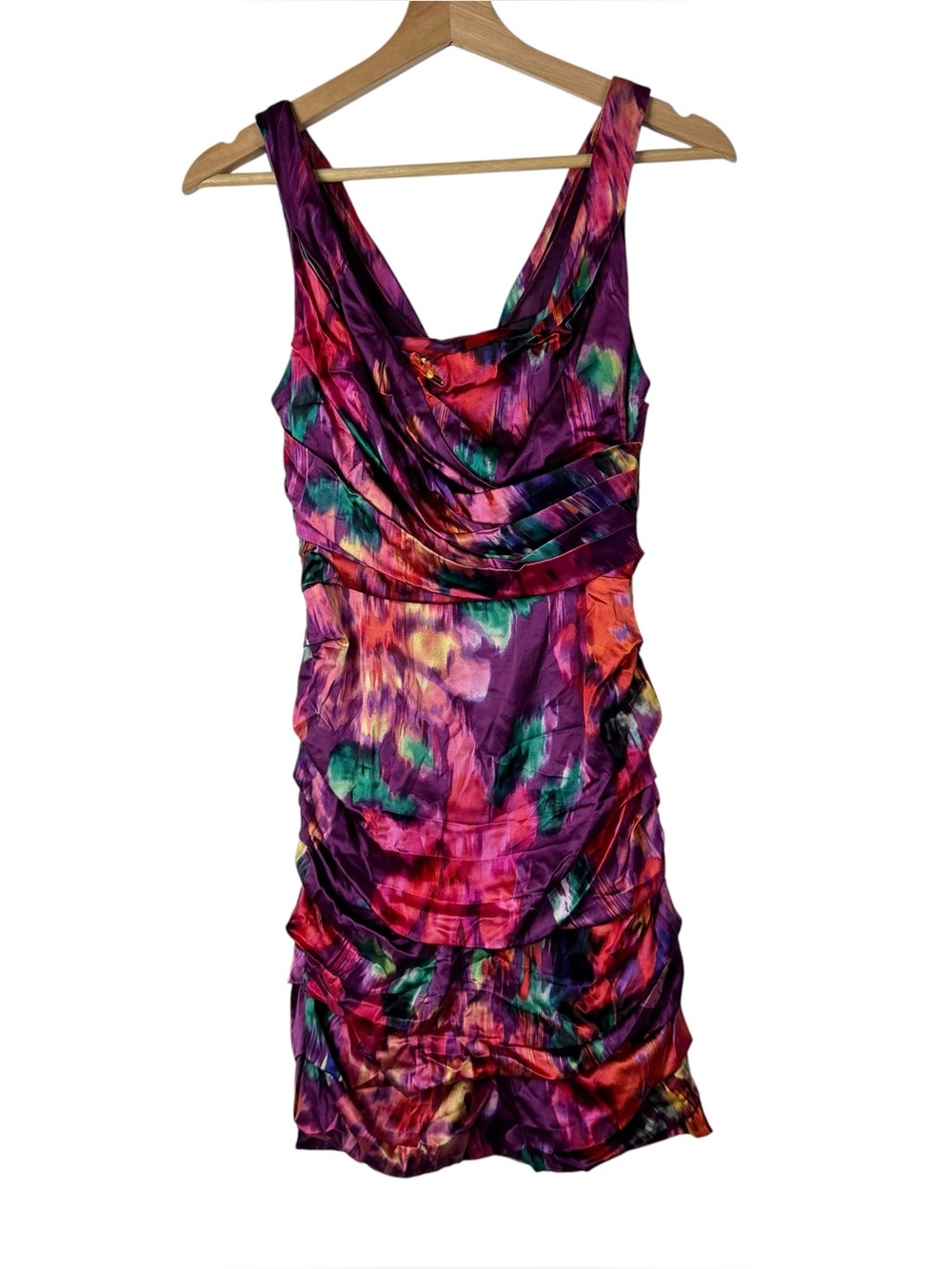 Express Pink‎ & Purple Watercolor Ruched Silk Blend Y2K Mini Dress S